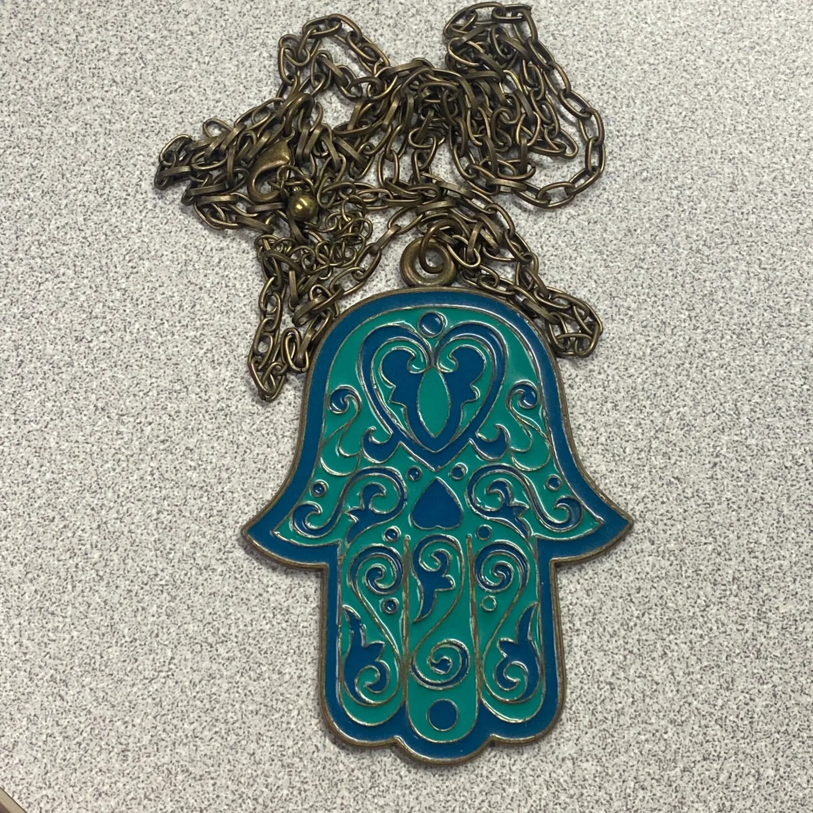 Hamsa Hand Teal Blue Enamel Necklace Gold Tone Chain Pendant Protection Jewelry Green - Image 9