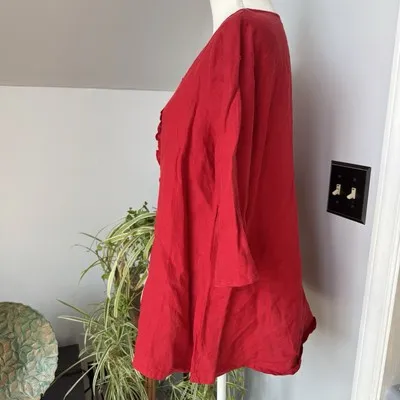 bryn WALKER Red Linen Oversized‎ Lagenlook Pullover Tunic Blouse Ruffle Small - Image 3