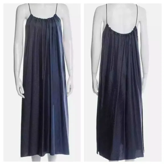 NEW Helmut Lang Gathered Silk Midi Cami Dress Geometric Scarf Blue Women's S - Image 2