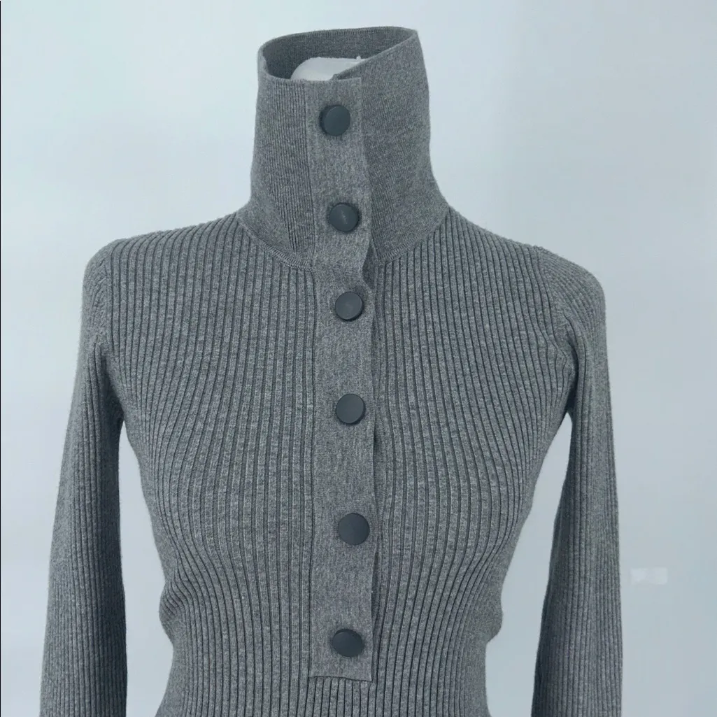 Reiss Grey Ribbed Knit Polo Top Button Front Long Sleeve Size S Gray - Image 7
