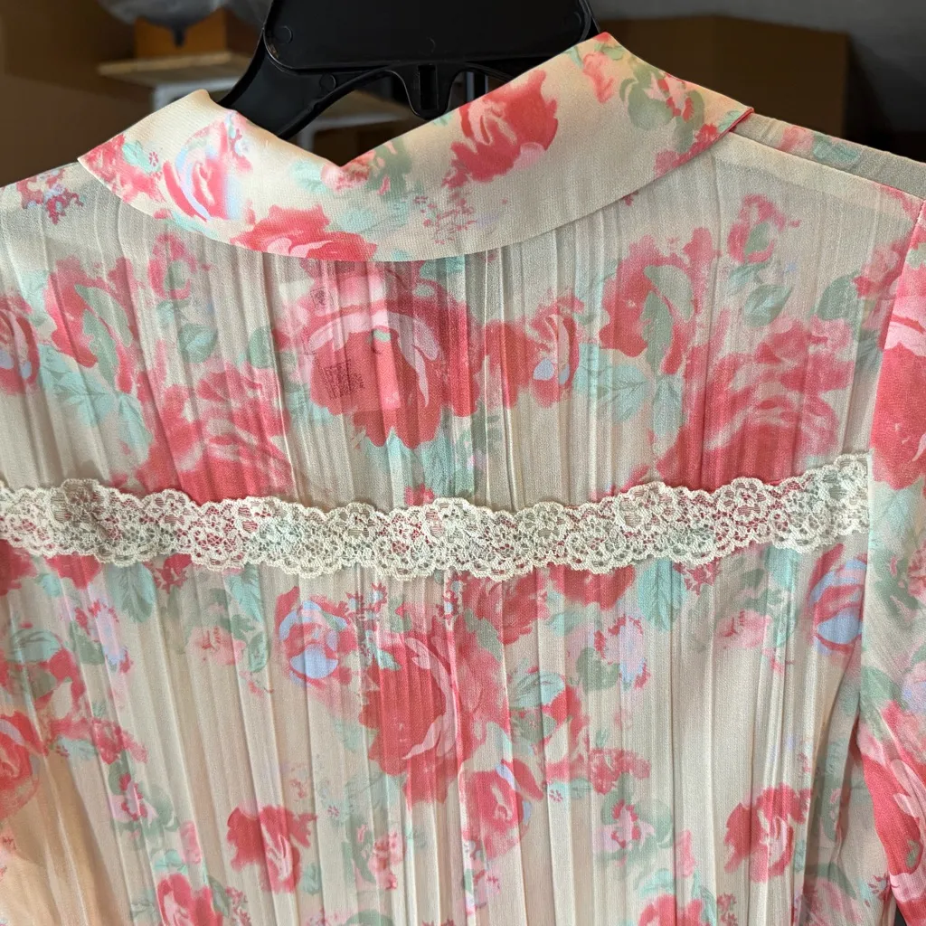 Free People Floral Ruffle Blouse - Pink and Cream NWT Boho Hippy Casual size S - Image 13