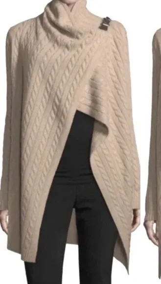 Neiman Marcus 100% cashmere shoulder leather buckle Cable Knit Wrap Asymmetric - Image 1