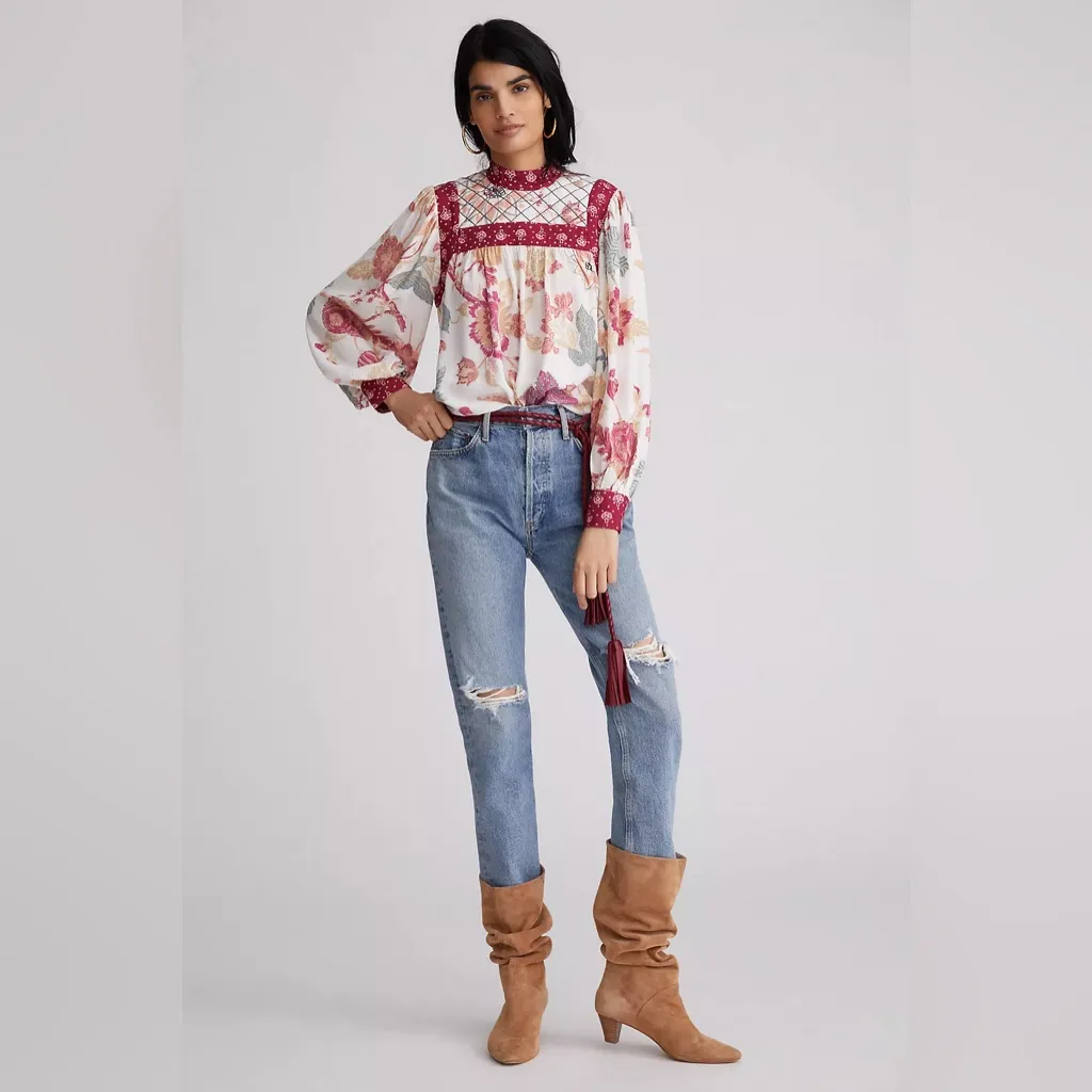 Anthropologie Quilted Floral Blouse Boho Western Peasant Top – Size L - Image 4