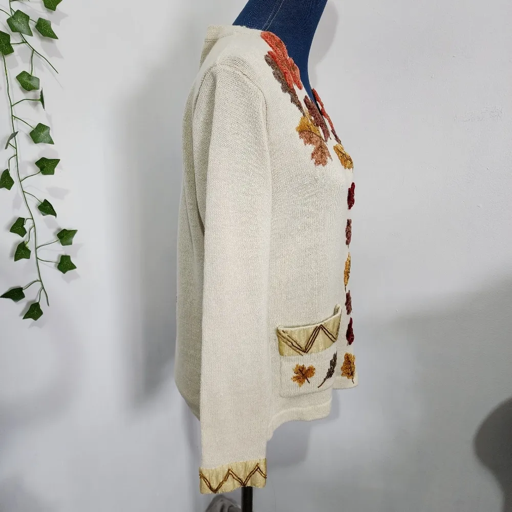 Vintage J Two Fall Leaves Cardigan Sweater Brown Size M - Image 6