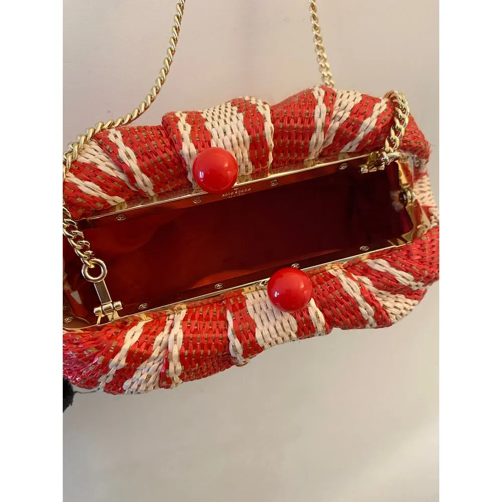 Kate Spade New Scrunchy Convertible Clutch Red Tan Wicker Rattan Striped Summer - Image 9