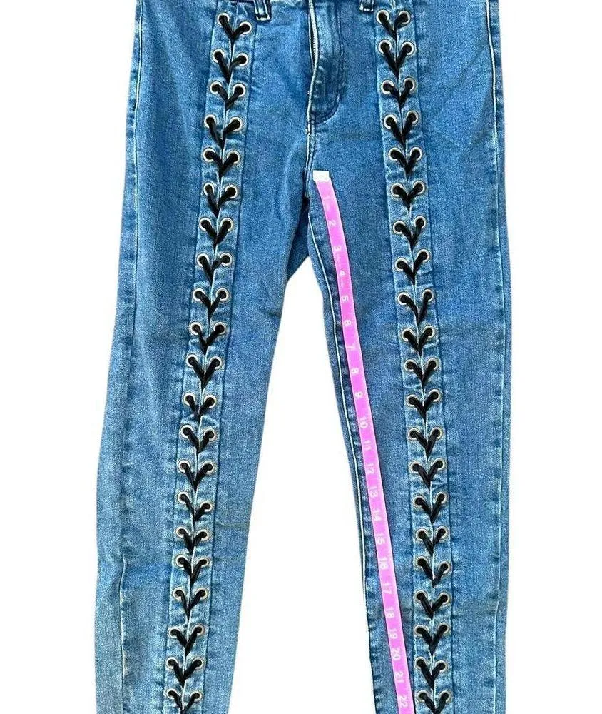 Neon Blonde Lace Up Skinny Jeans Blue Size 27 - Image 7