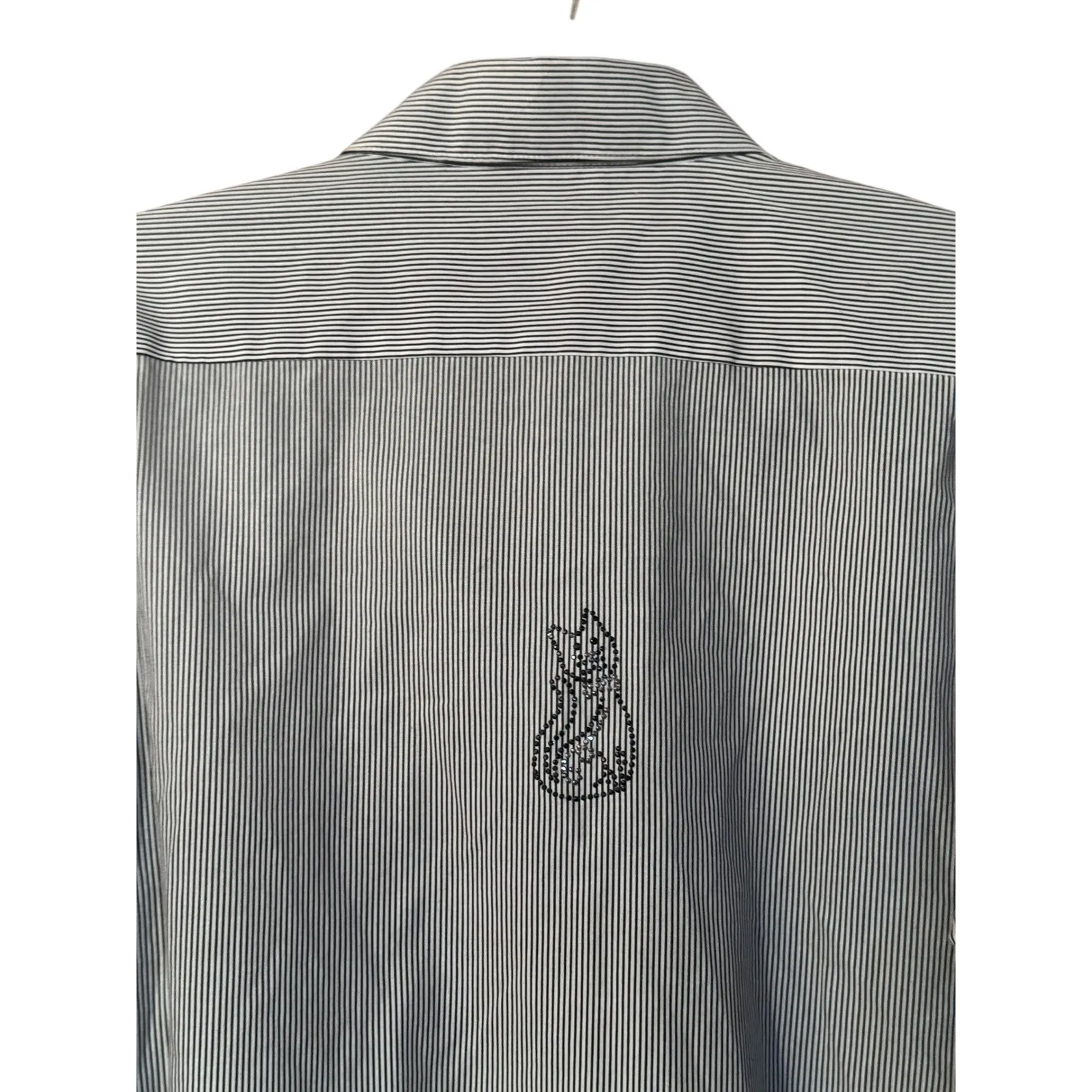 LASOLAS Pinstripe Button Up Shirt Rhinestone Cat Embellished Pockets L Black Size L - Image 4