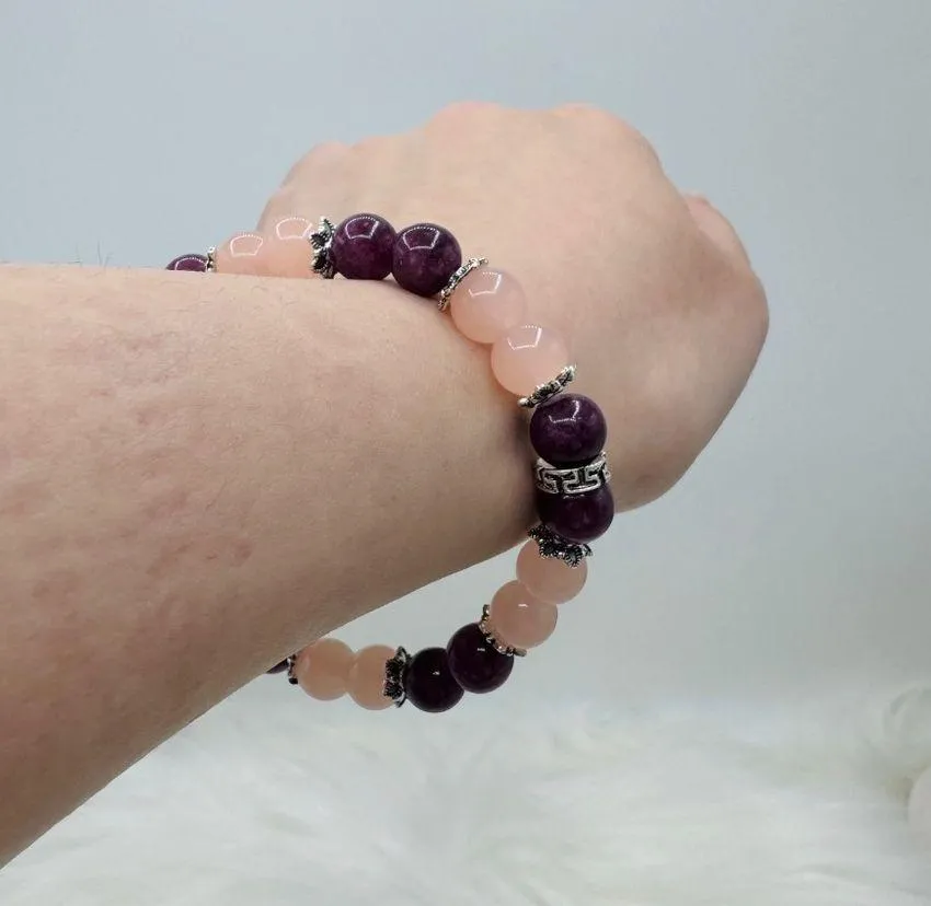 Garnet & Rose Quartz 8mm Beaded Bracelet Purple - Image 3
