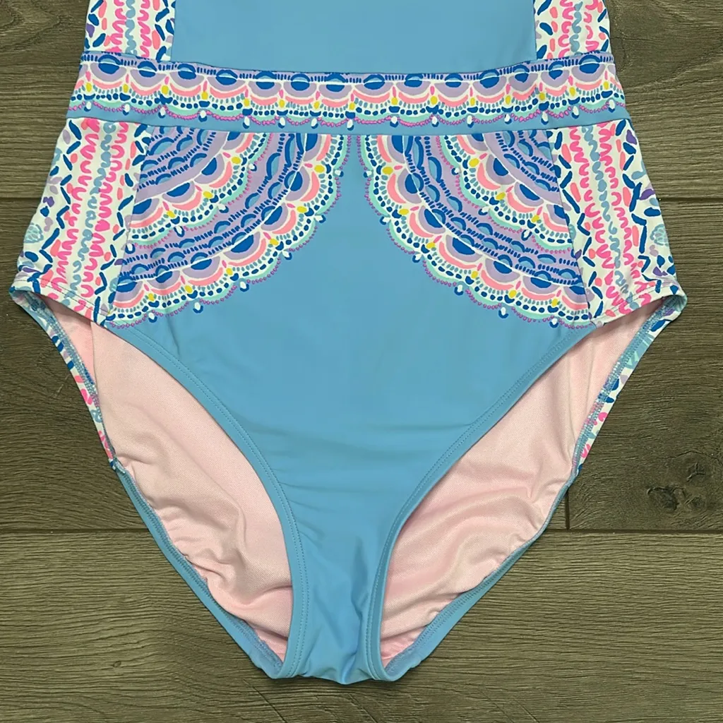 Lilly Pulitzer Anthea One Piece Swimsuit Multi Seaside‎ Shindig Blue Pink Size 8 - Image 4