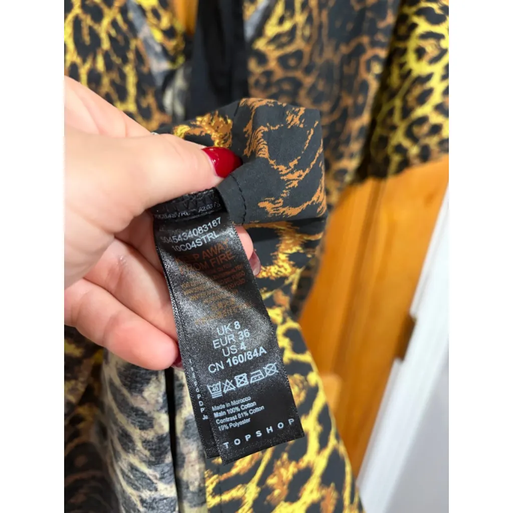 Topshop Puff Sleeve Leopard Print Midi Dress Tie Back Fit Flare Boho US 4 - Image 4