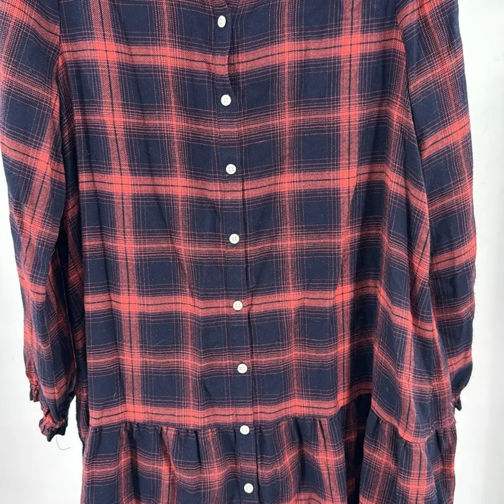 LOFT plaid flannel drop waist Orange navy Mini shirt Dress M casual fall office - Image 7