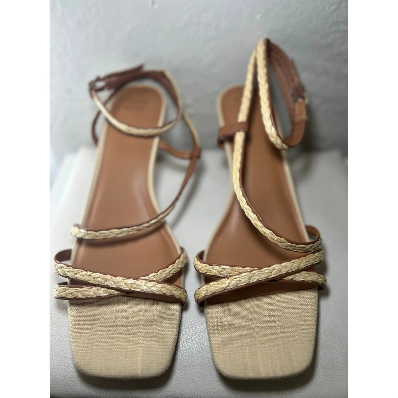 A New Day Women's Ankle Strap Kitten Heeled Sandals Square Toe Braided Tan Beige - Image 2
