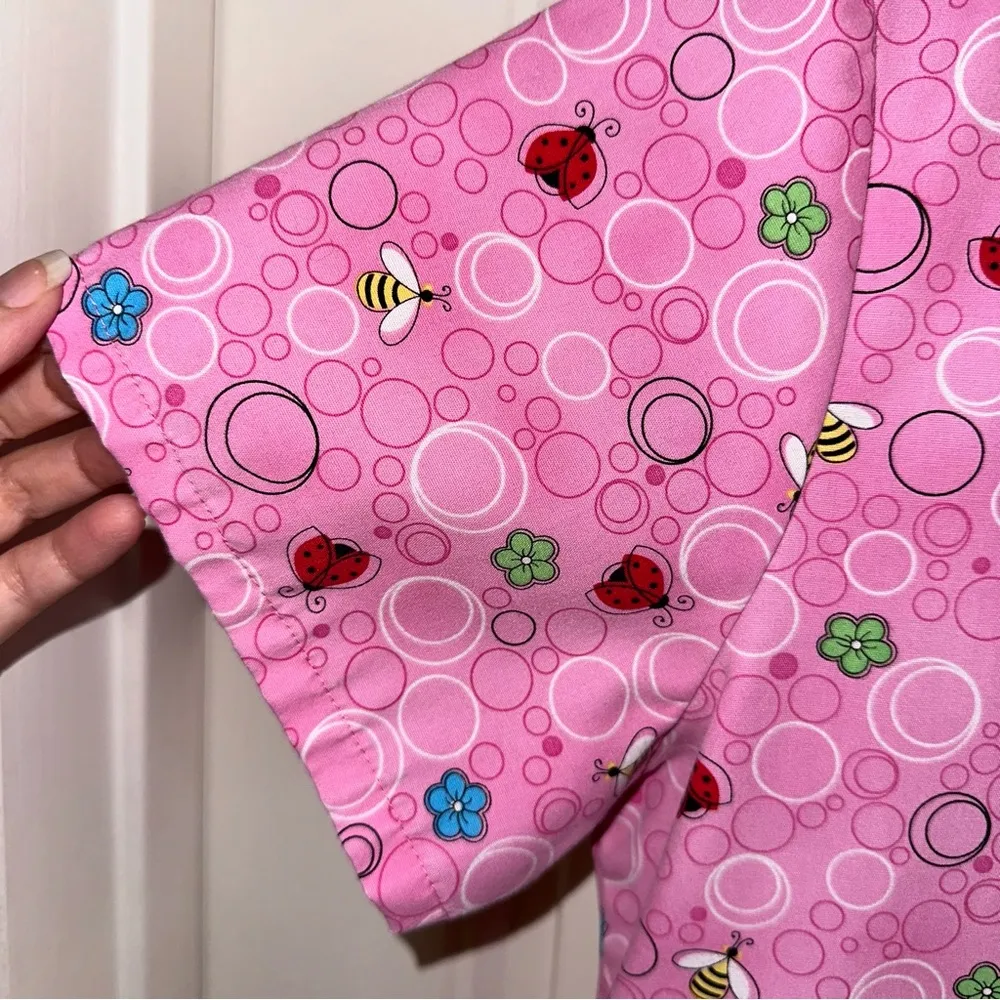 SB Scrubs pink ladybug bumblebee flower nurse smock scrub shirt women XS - Image 7