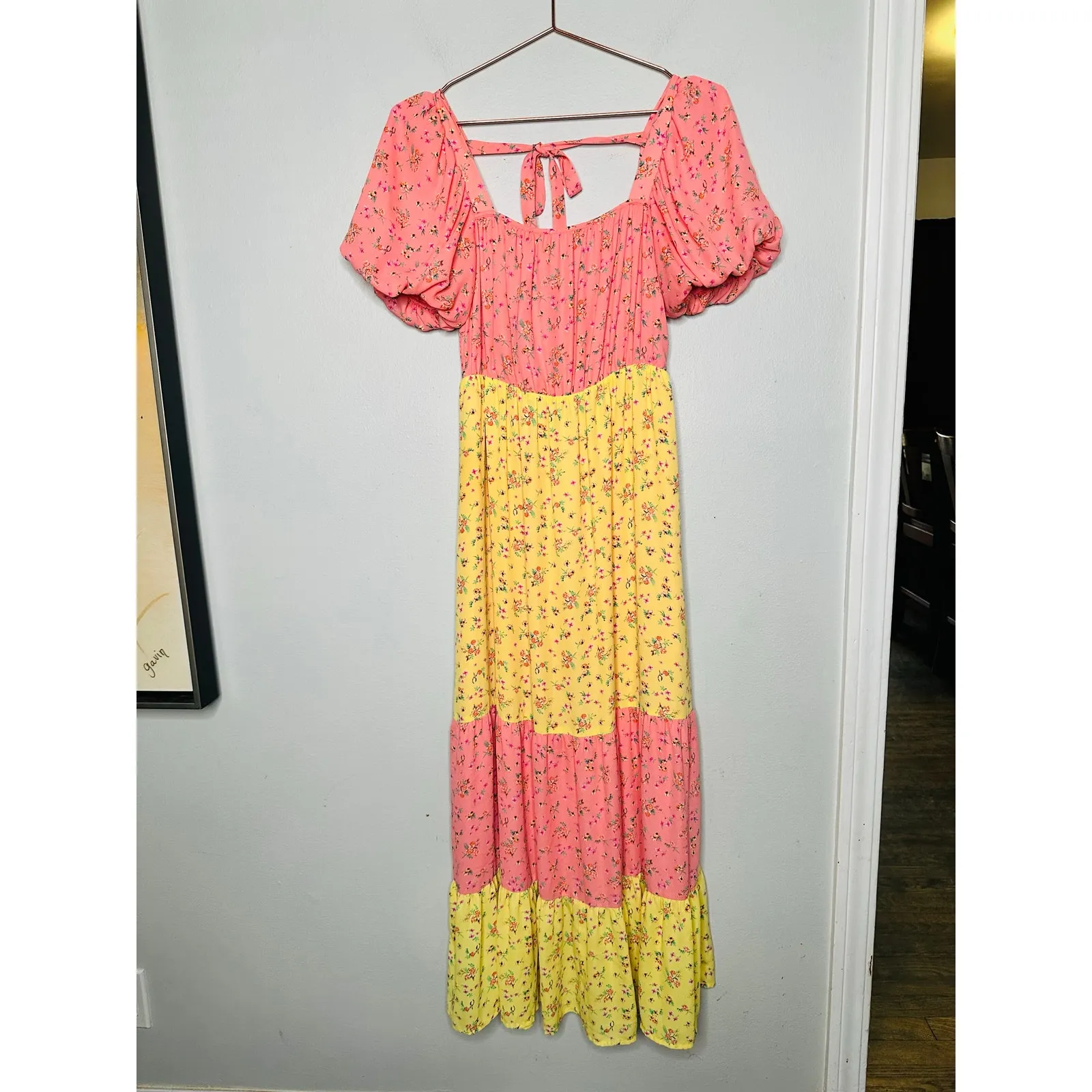 COLOR ME COURTNEY Yellow Pink Ditsy Flower Printed Cece Maxi Dress Size 2 - Image 3