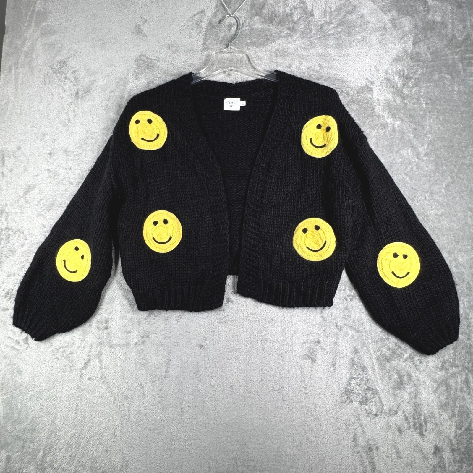 Luna Ivy Smiley Face Cardigan Womens XS Black Yellow Knit Sweater Emoji Cottage - Image 2