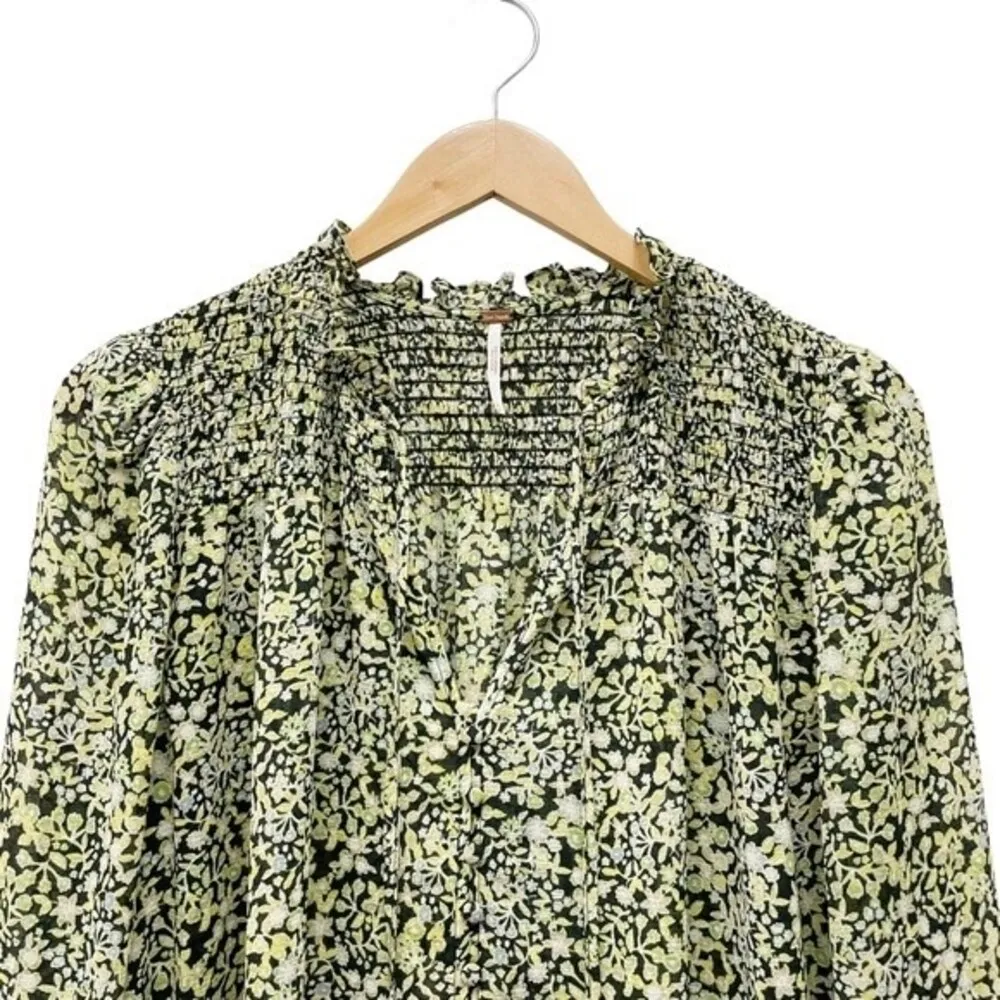 Free People Lela Blouse Floral Black & Green Flowy Boho Tie Neck Top Size Medium - Image 6