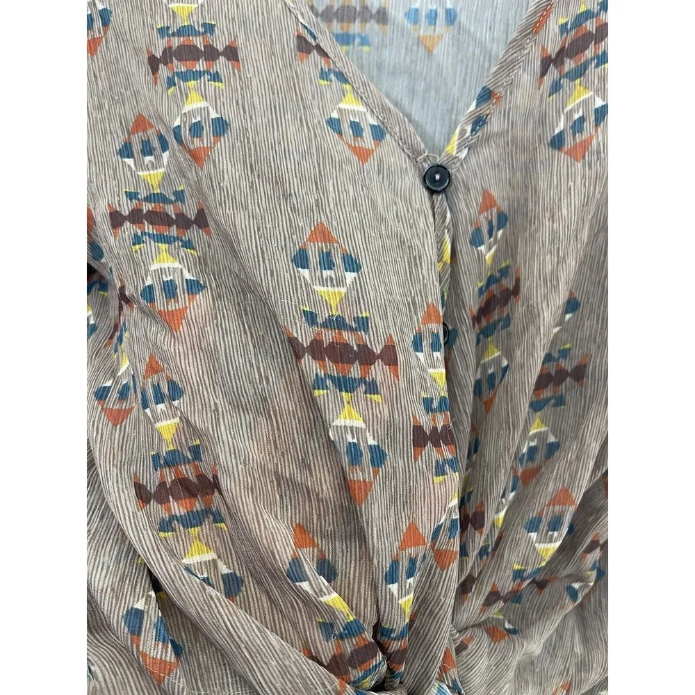 Kirra Women's Blouse Tie Front Brown Taupe Tribal Sheer Size Large - Image 6
