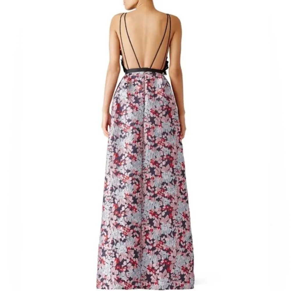 ML Monique Lhuillier Multi Floral Jacquard maxi dress Gown size 0 C10 Black - Image 2