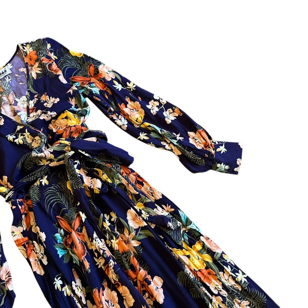 Meghan LA Lilypad Iris Navy Bell Sleeve Open Slit Maxi Dress Size Small Women's - Image 4