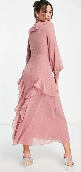 Design Long Sleeve Lace Trim Ruffle Midi Dress Deep Rose Size 6 - Image 2