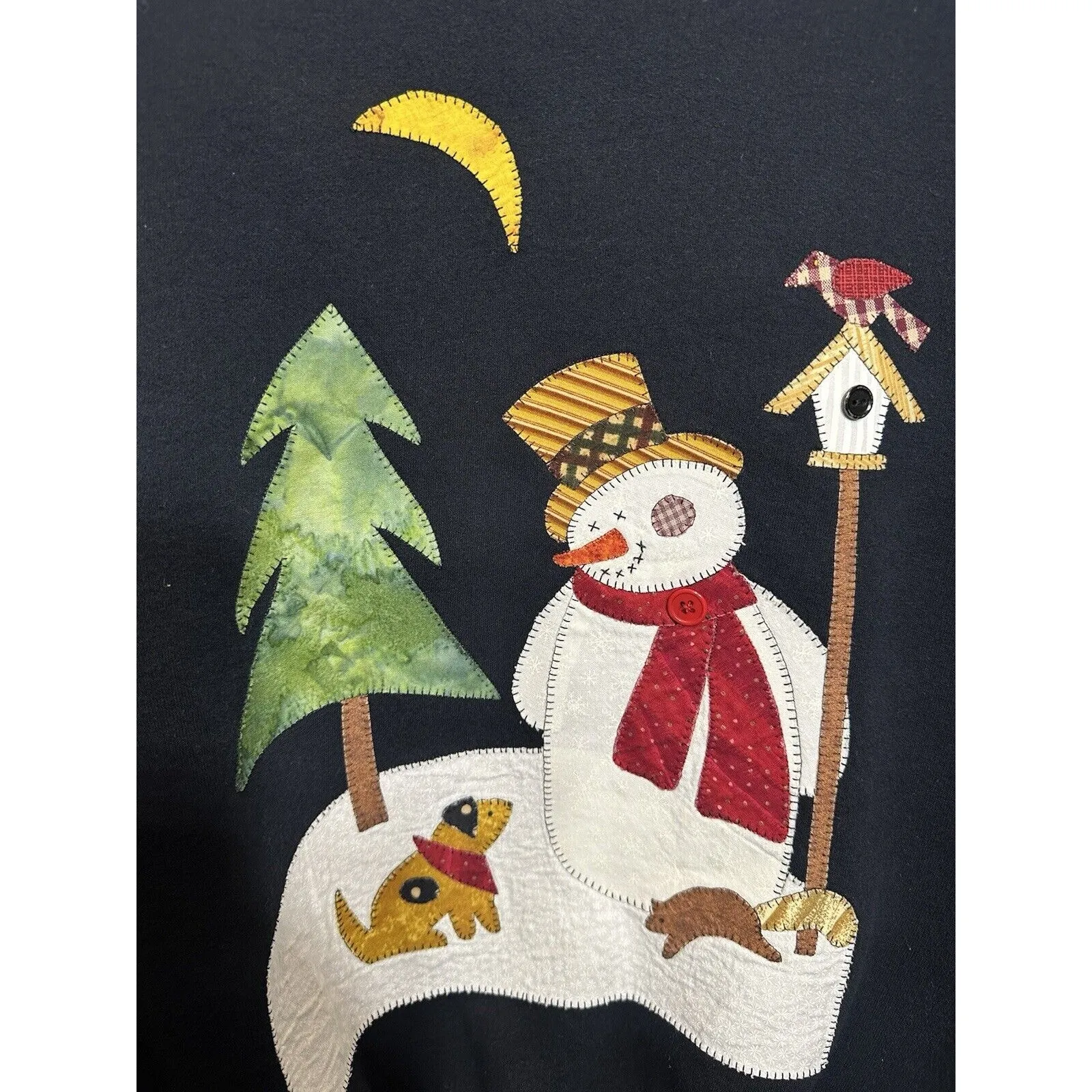 Vintage Snowman Sweatshirt Navy Crewneck Women’s Medium Gildan Xmas Tree Winter - Image 3