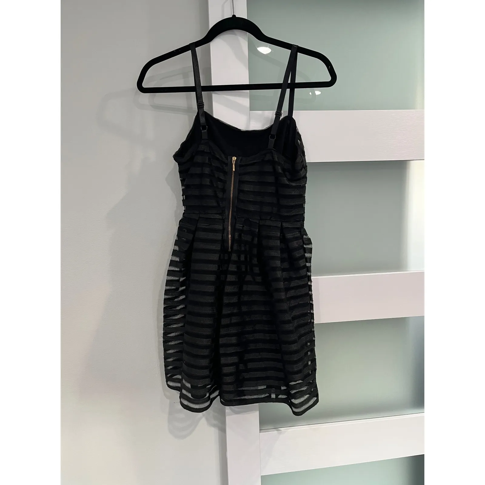 H&M Black Striped Sheer Mesh Overlay Fit Flare Dress Women's Size S - Image 2