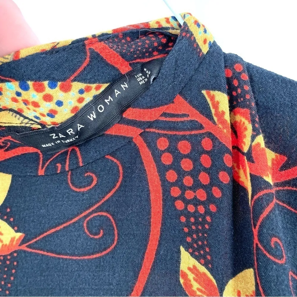 ZARA 70s High Neck Zip Long Sleeve Printed Flounce Tunic Short Stretch Dress - Image 8