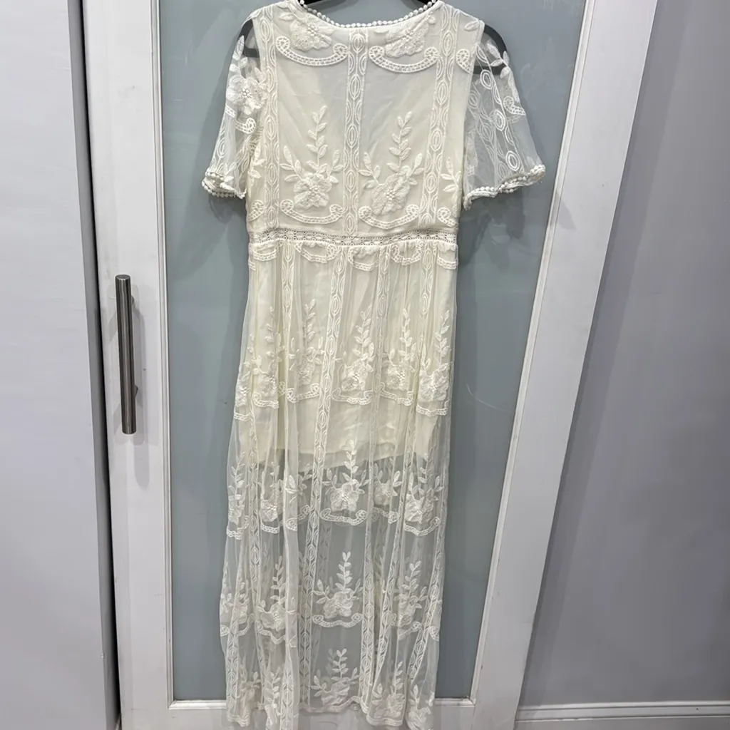 Shyanne Country White Boho Western Long Maxi Lace Ivory Shirt Wedding Dress Sz M - Image 6