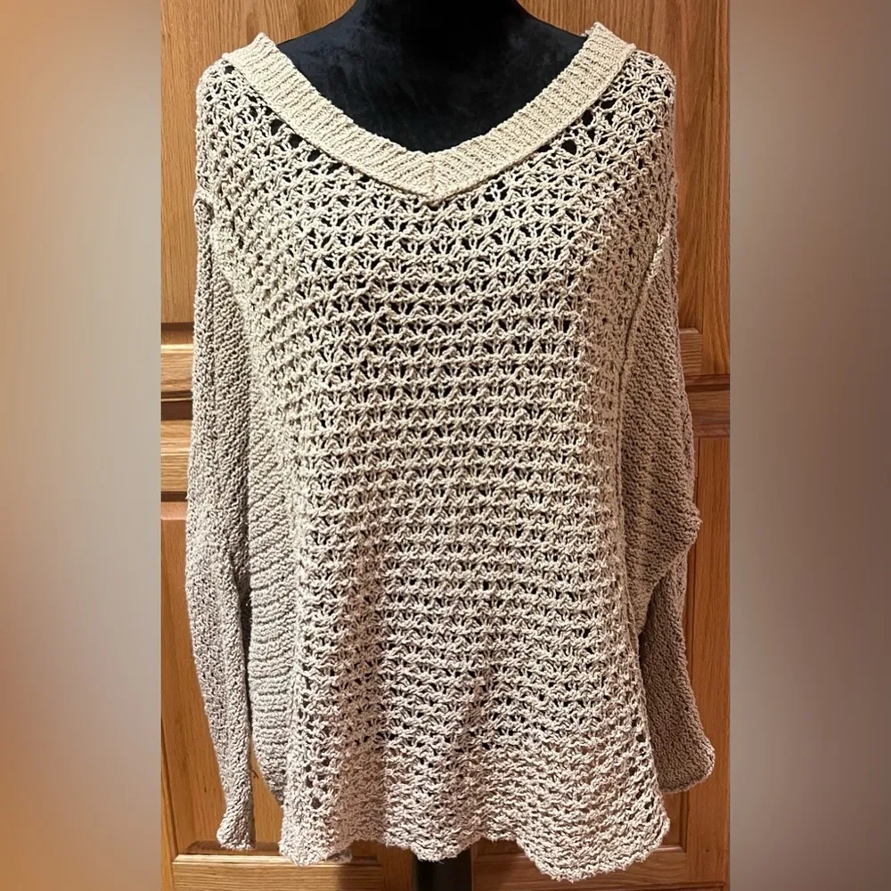 Free People Baja Laguna Coast Pullover Open Crochet Knit Sweater Tan Size Medium - Image 8