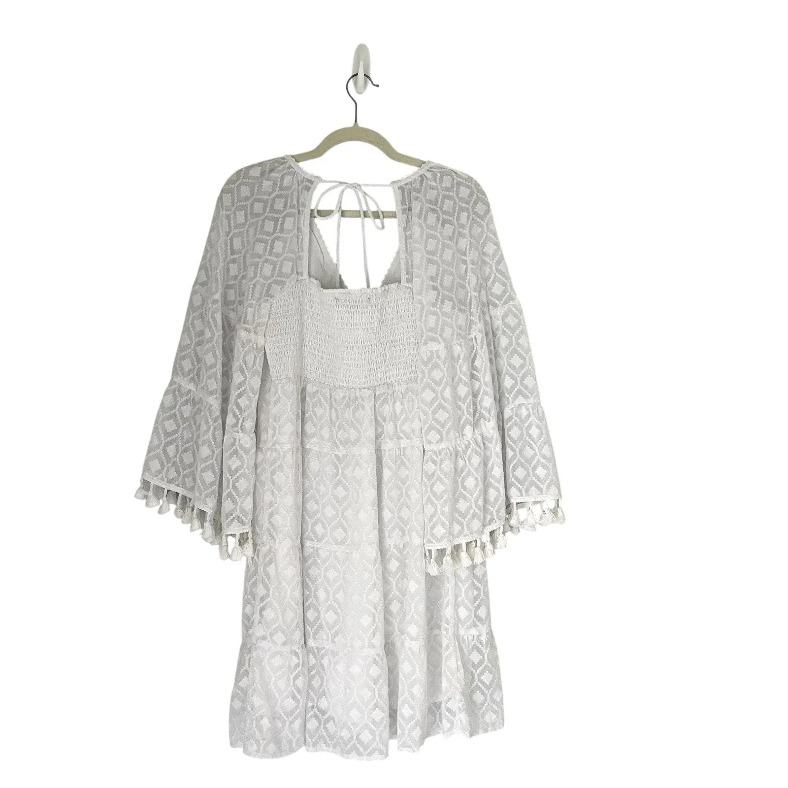 Boston Proper Long sleeve novelty fabric Tassel trim Sun dress white Sz S boho - Image 4