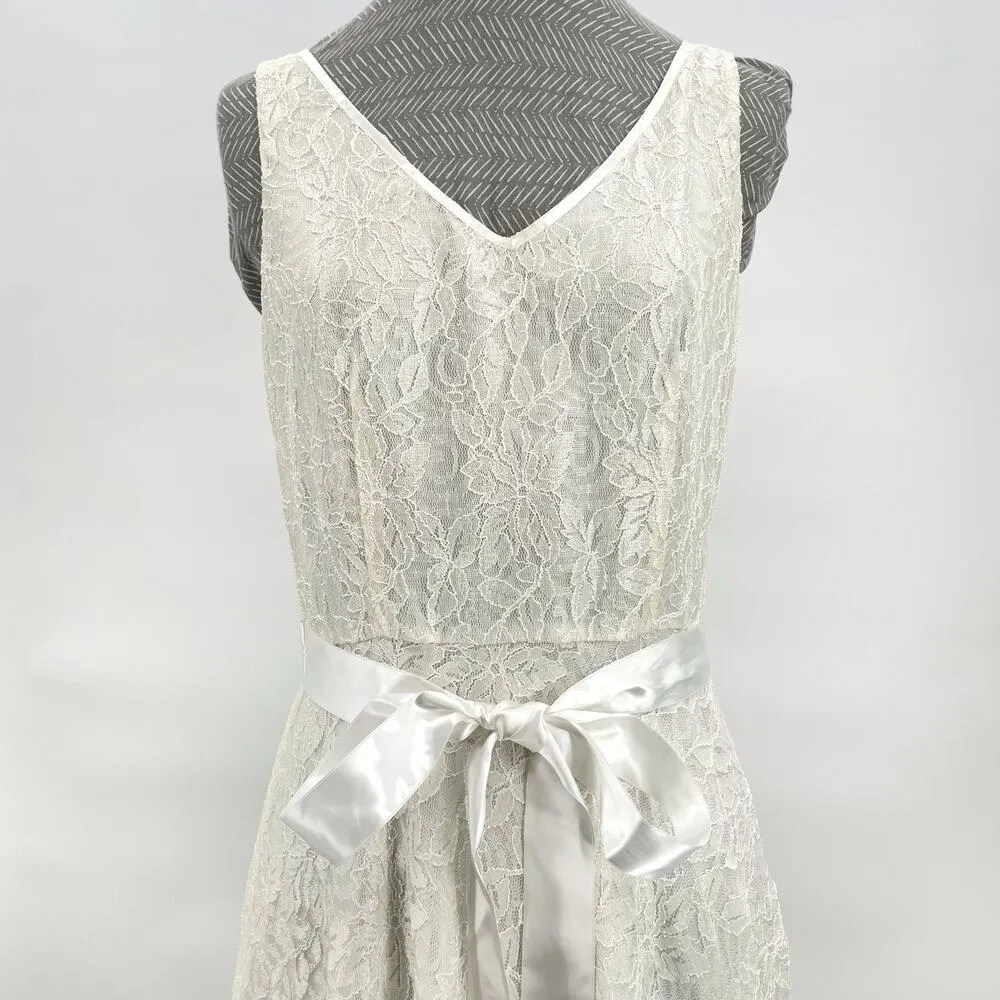 Tahari ASL Ivory White Lace Satin Bow Dress Sleeveless V Wedding Formal Size 8 - Image 4