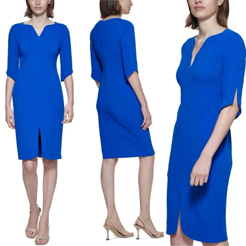 Calvin Klein WHITE Zippered 3/4 Sleeve V-Neck Midi Sheath Dress, Size 4 NWT $134 - Image 5