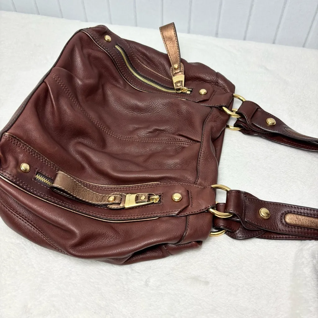 B. Makowsky Chocolate Brown Pebbeled Leather Gold Accents Two Straps Purse/Bag - Image 11