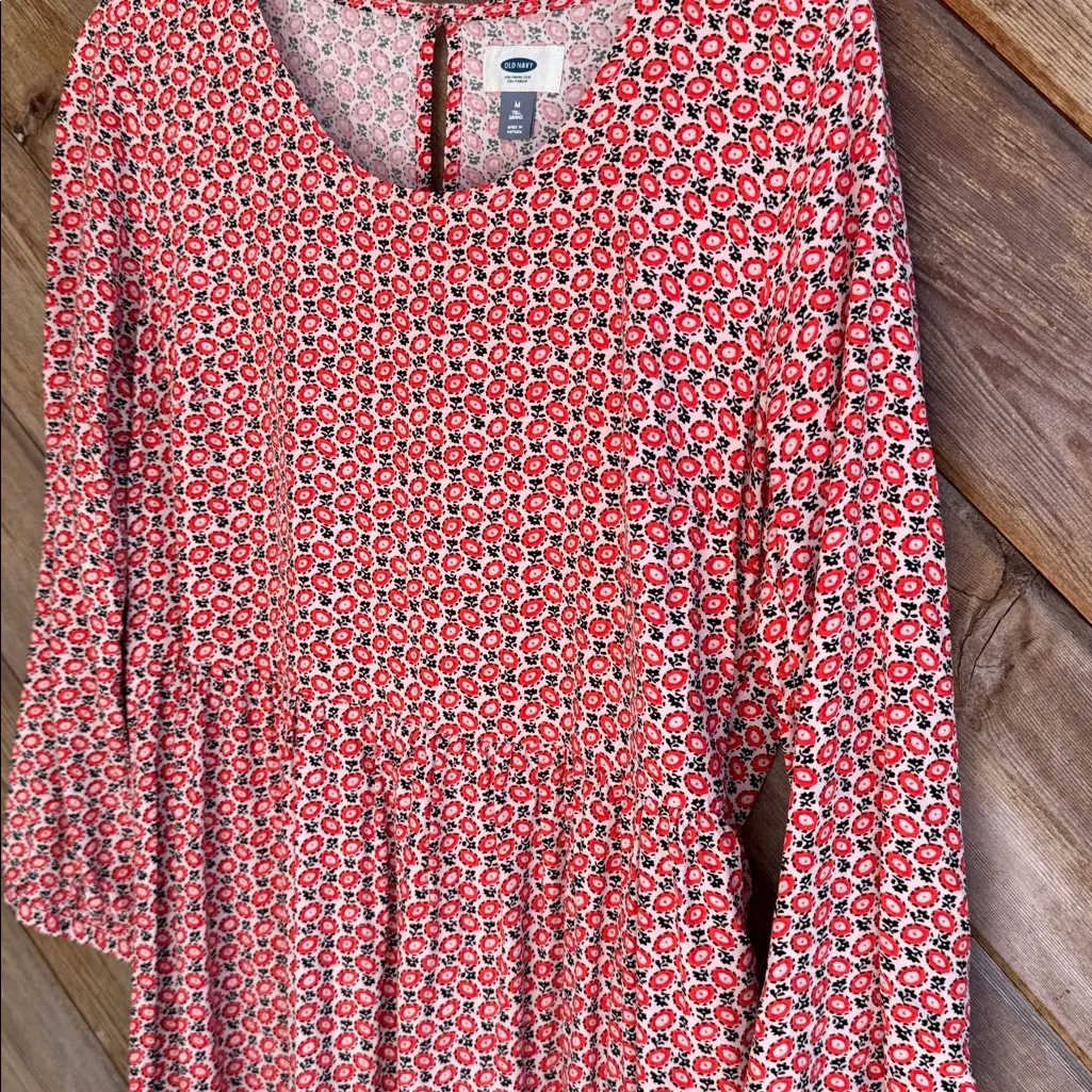 Old Navy Red white floral long sleeve babydoll Long Sleeve Dress medium tall - Image 3