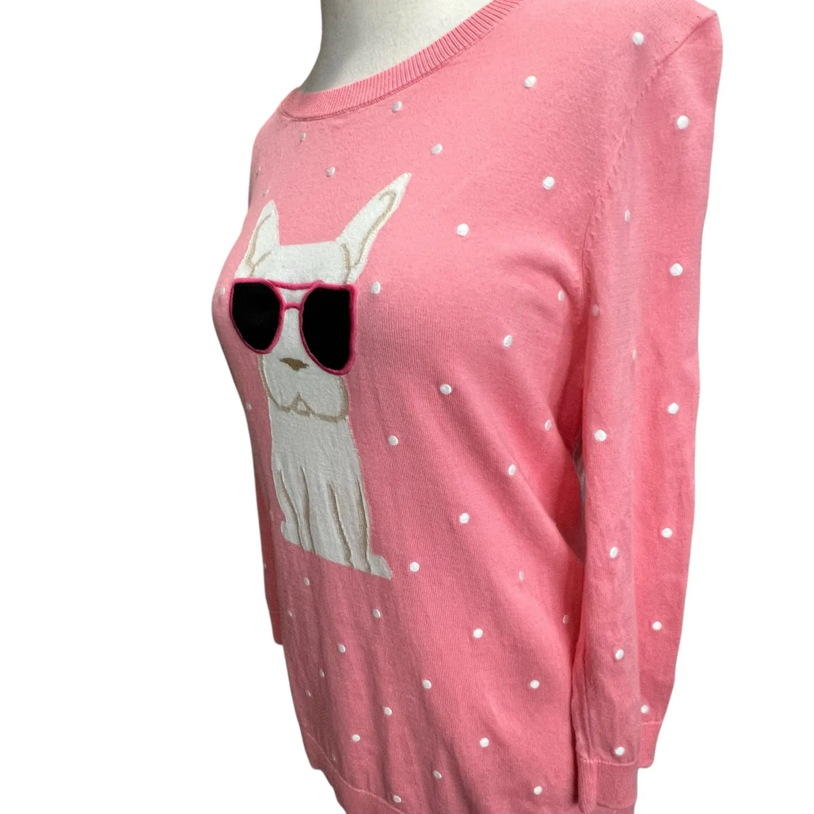 Talbots Sweater Womens M Pink Embroidered Novelty Dog Frenchie Preppy Feminine - Image 3