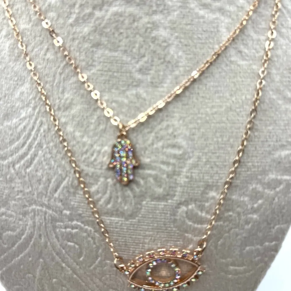 Necklace Hamsa Hand Pendant Layered Necklace Rose Gold Tone And Evil Eye Pendant Pink - Image 7