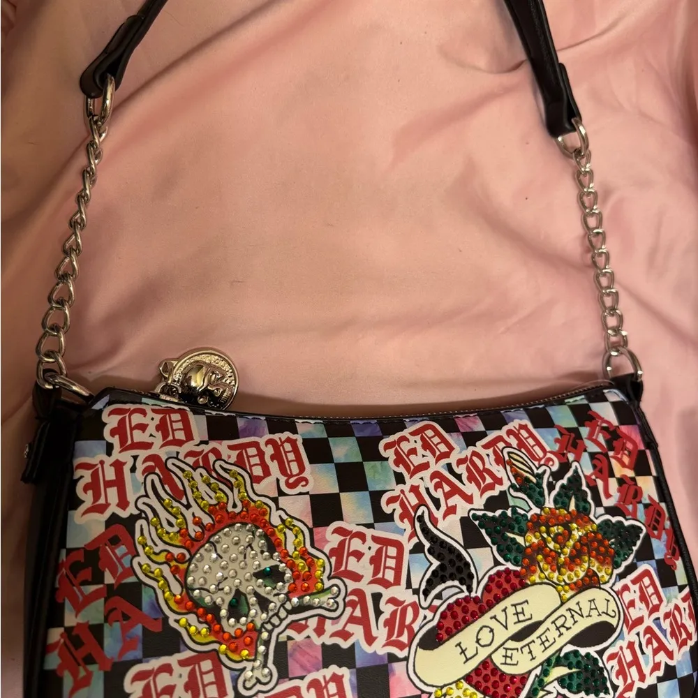 Ed Hardy Love Eternal Y2K Shoulder Bag Skull Rose Rhinestone Baguette NWT - Image 3