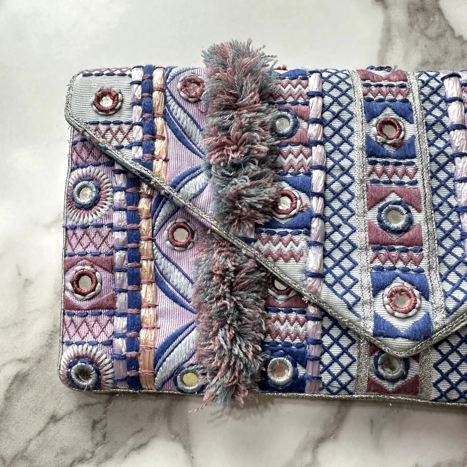 Chico's Boho Fringe Embroidered Purple Blue Multicolor Evening Party Clutch NWT - Image 10