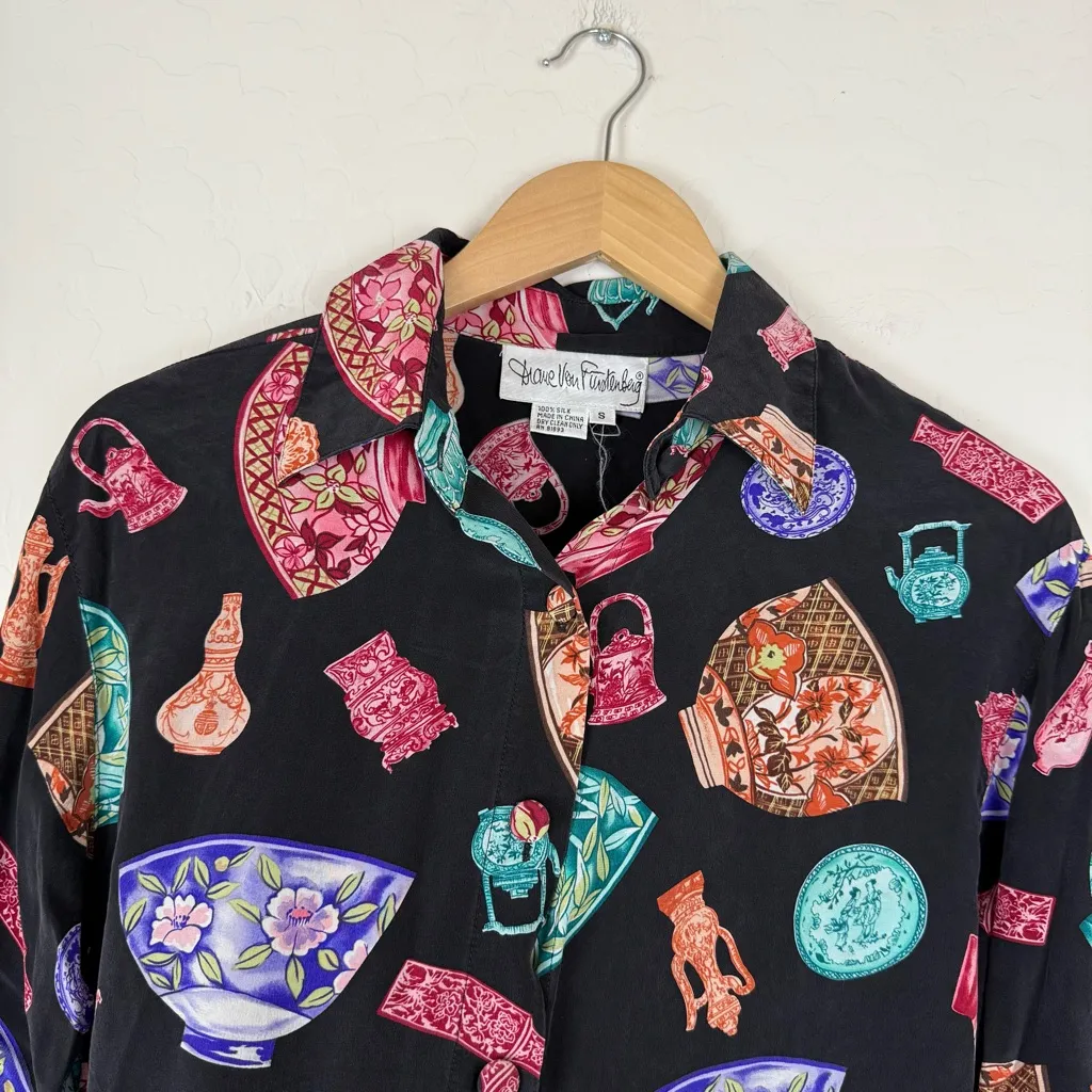 Vtg Diane Von Furstenberg Bold Colorful 100% Silk Button Down Blouse Shirt - Image 5