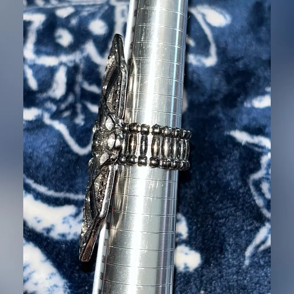 Art Deco Style Cocktail Stretch Statement Ring Black Enamel & Clear Crystals Silver - Image 5