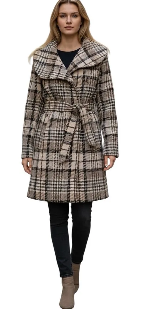 Soia & Kyo Wool Plaid Belted Coat Oversized Asymmetrical Collar Canadian - Image 1