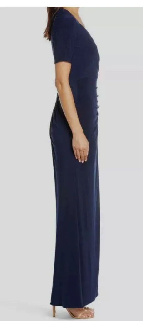 Adrianna Papell Navy Blue V Neck Short Sleeve Stretch Gown Size 4 Formal - Image 3