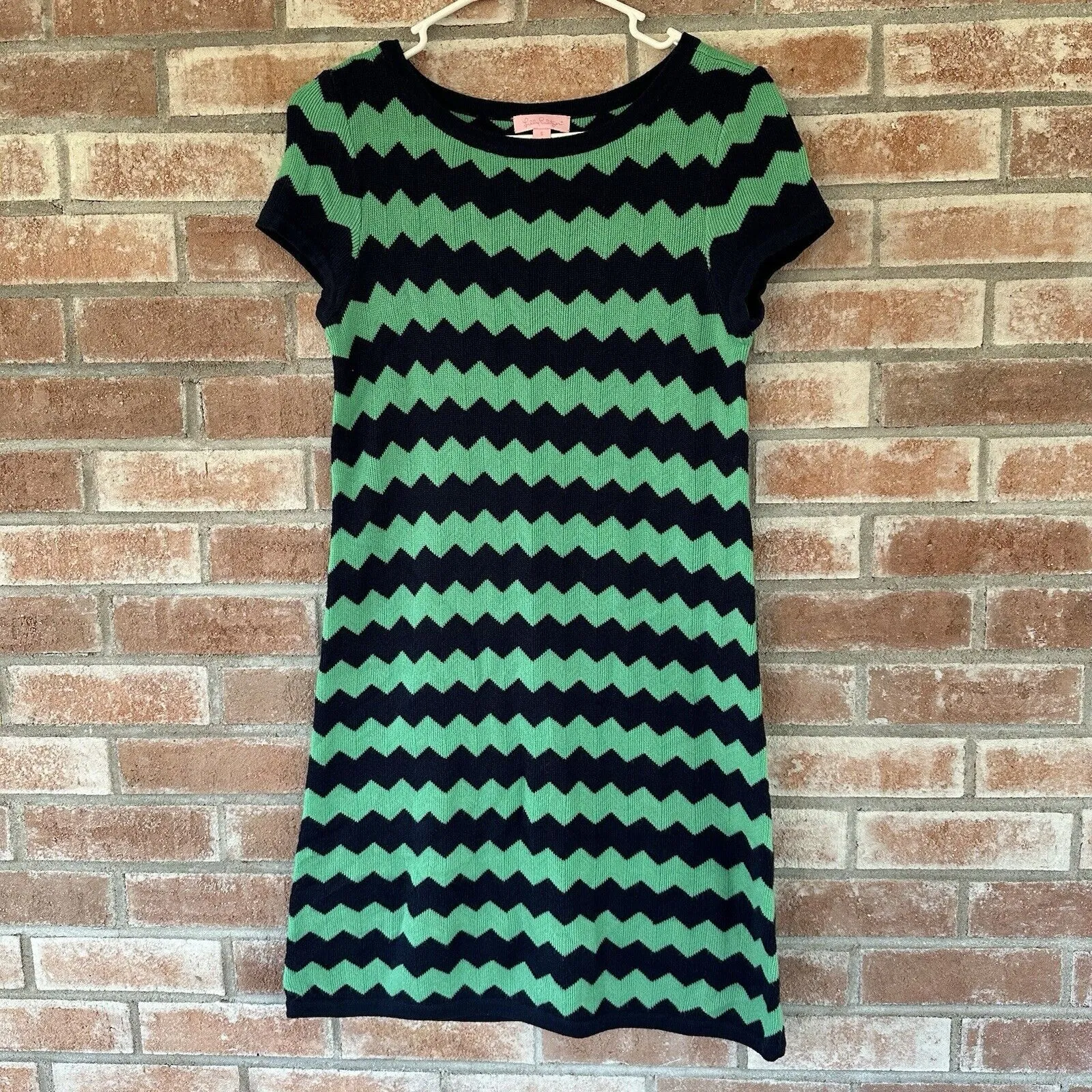 Lilly Pulitzer Chevron Merino Wool Shift Sweater Dress Navy Green Small - Image 2