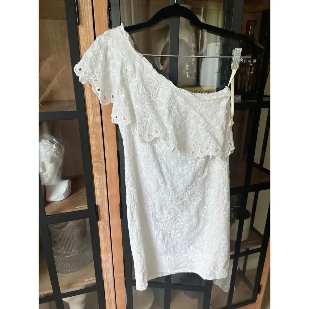 FARM RIO eyelet mini dress One Shoulder Embroidered floral bridal a-line - Image 3