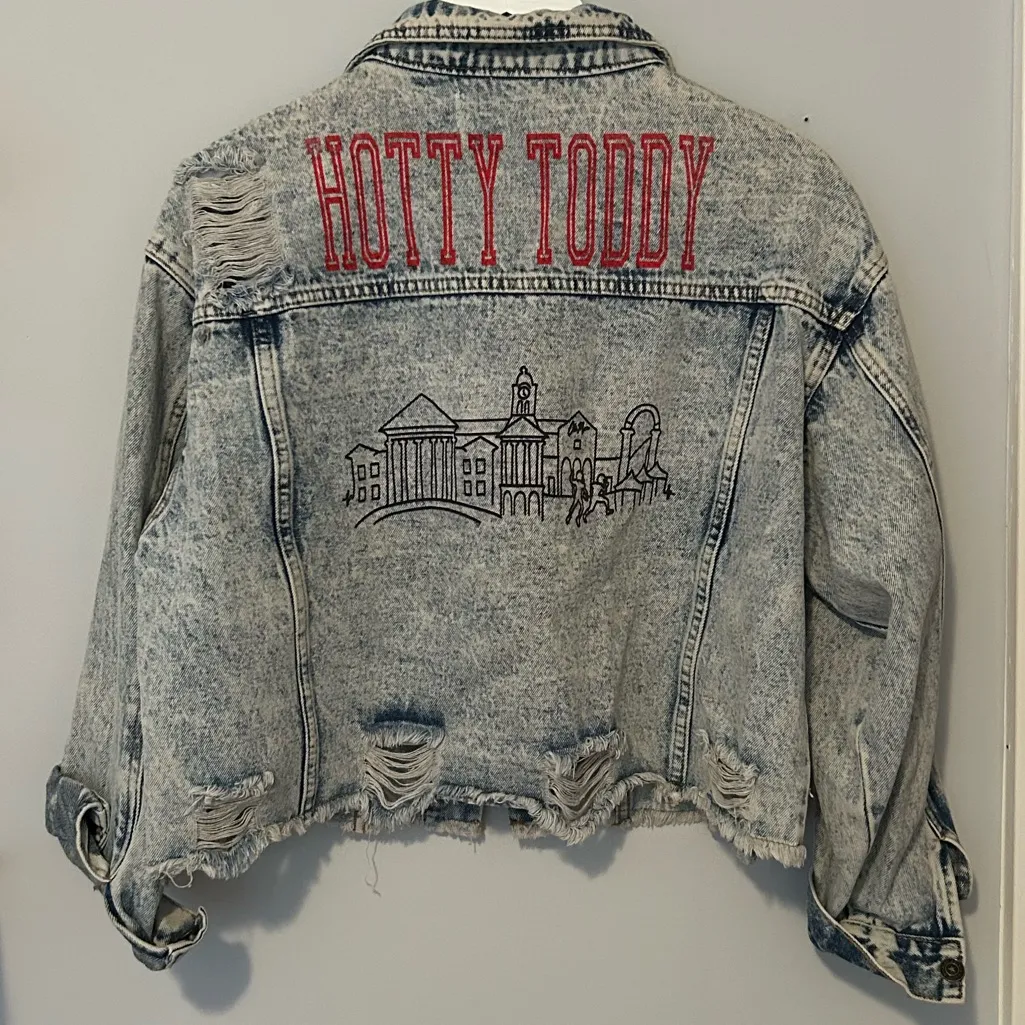 “Hotty Toddy” Stylish Distressed Denim Jacket Blue Size L - Image 2