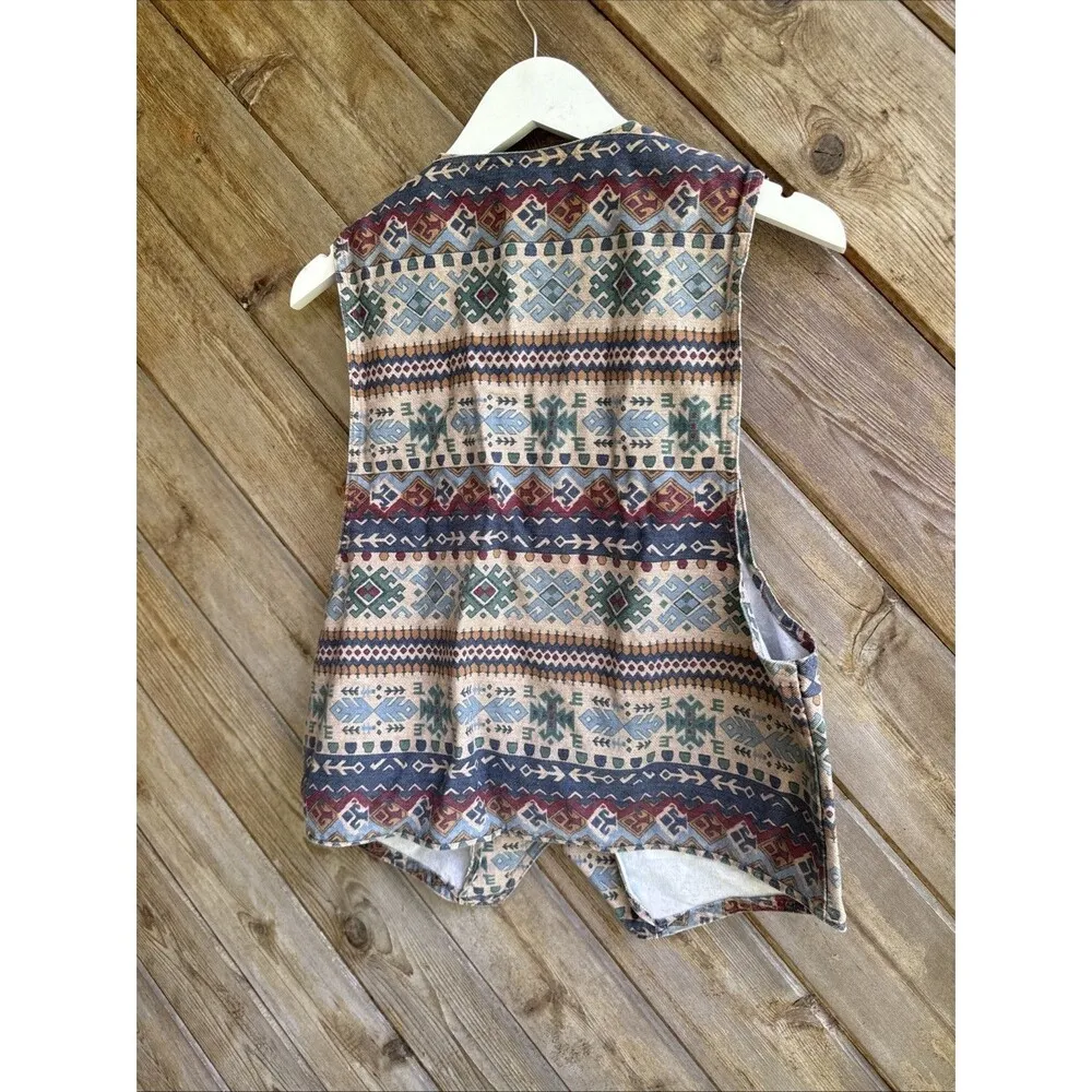 Vivaldi Jeanswear denim vintage Southwest Aztec Stripe button down vest sz M/L Size M - Image 4