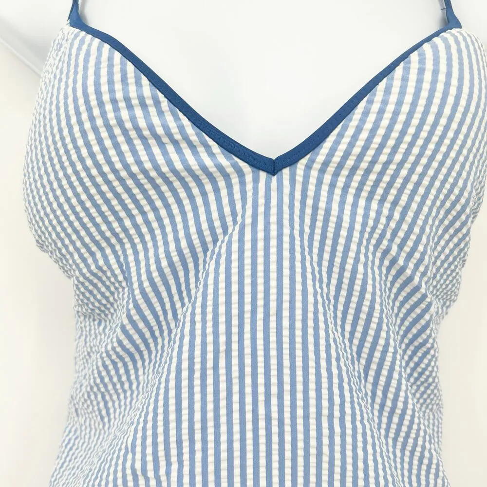 J.Crew  Womens Beach Coastal Striped Lace Up Back Seersucker One Piece Swimsuit - Image 4