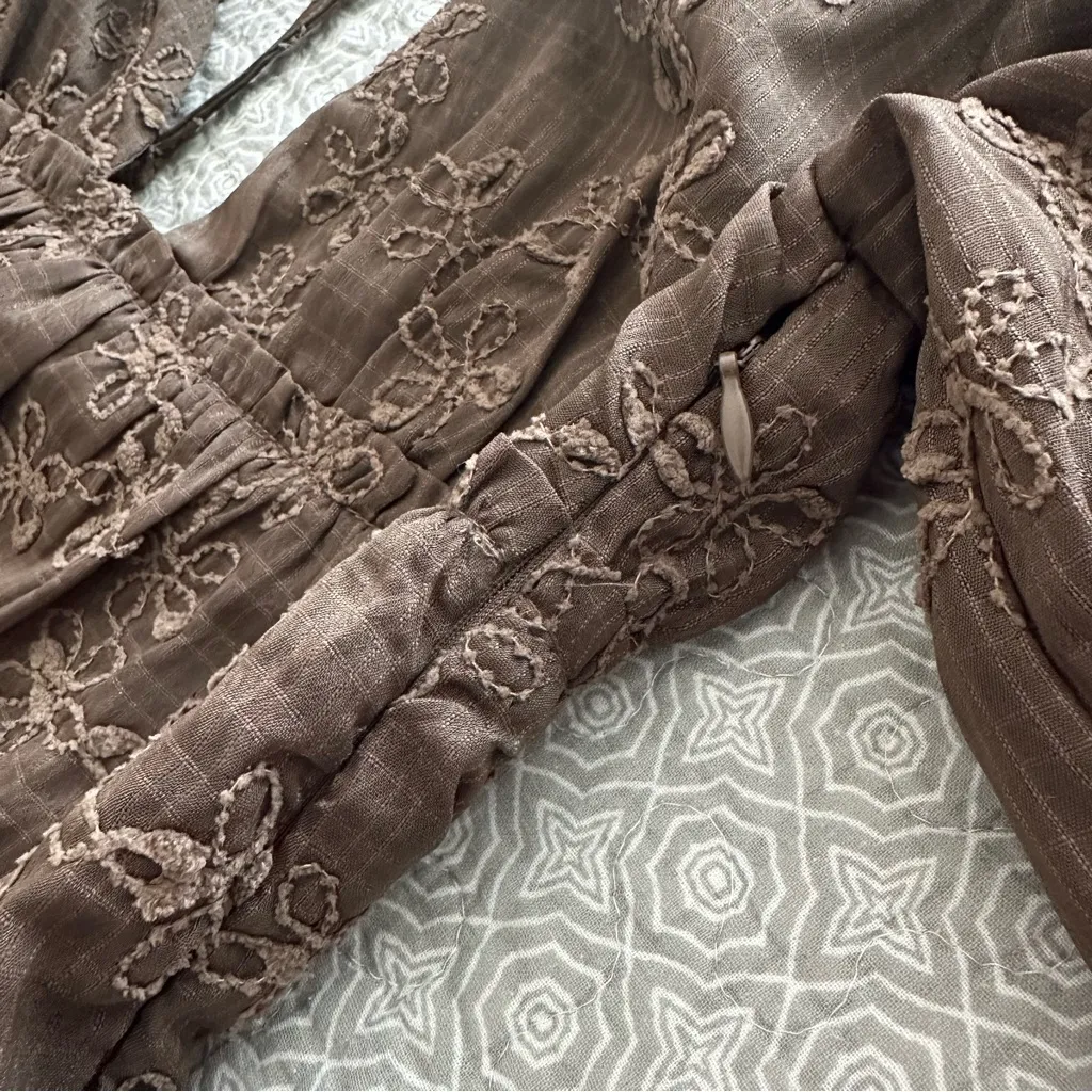 STORIA Brown Tiered Babydoll Mini Dress Long Sleeve Embroidered Floral Size S - Image 5