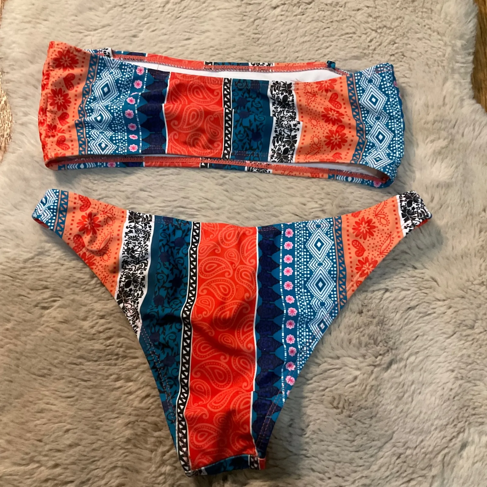 Bikini Swimsuit Halter Top Size Small Multi Color Printed‎ Orange Blue - Image 6