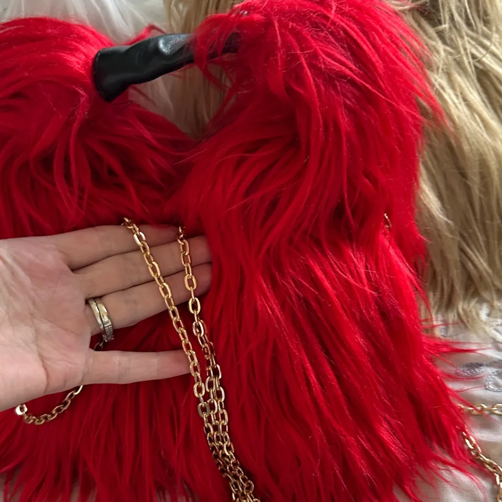 Red, White, Beige Faux Fur Handbag with golden chain Red - Image 3